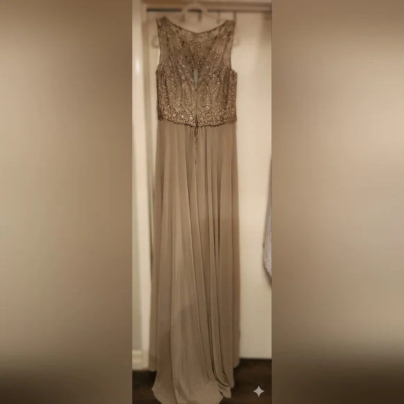 NWT Size 16 Montage By Mon Cheri Latte Lace Gown & Chiffon Detachable Overskirt